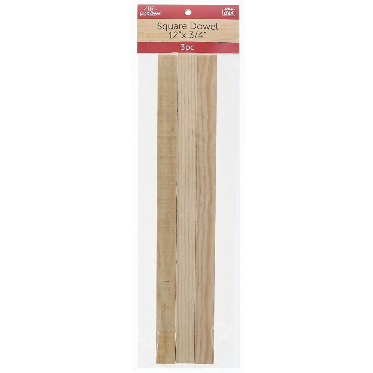 Good Wood By Leisure Arts - Square Dowel, 12"X3/4" Red 3Pc, Pine Wood, Pine Wood Strips, Sticks, Hobby Wood, Pieces For Crafting, Square Dowels